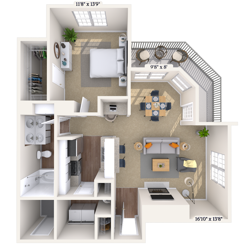 Floor plan for 1 bed, 1 bath, 970 sqft